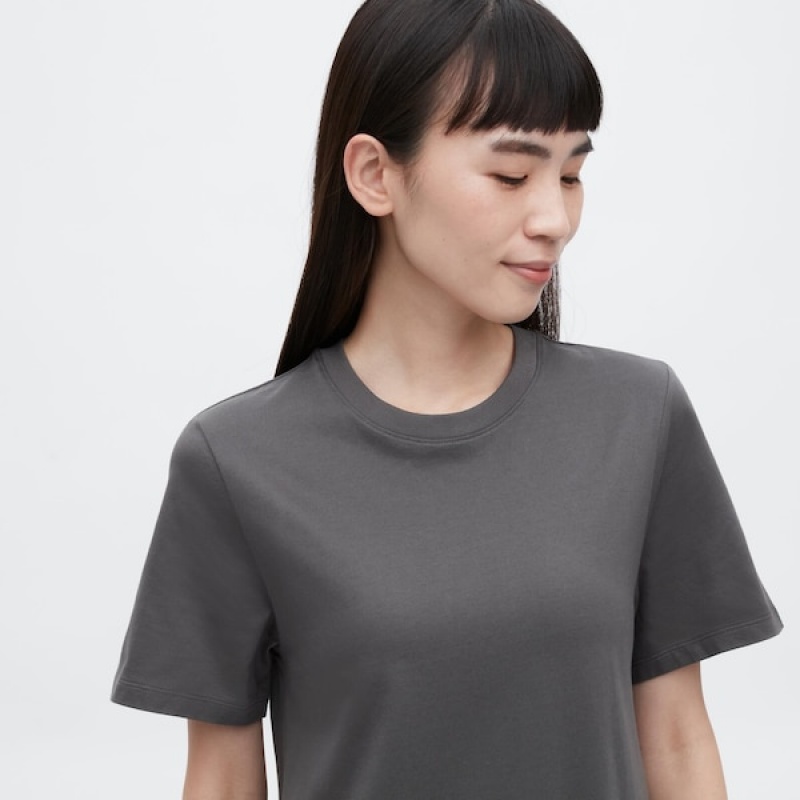 Uniqlo Mercerized Bomull Kort-Sleeve A-Line Kjole Dame Mørke Grå | 8420-AJNTS