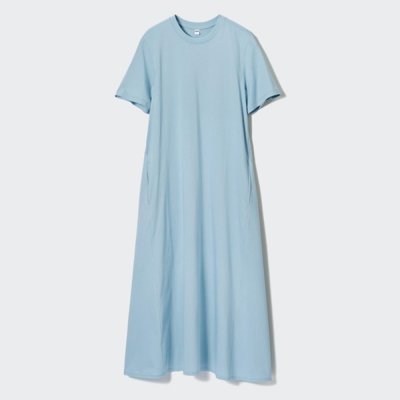 Uniqlo Mercerized Bomull Kort-Sleeve A-Line Kjole Dame Blå | 5176-FDLIJ