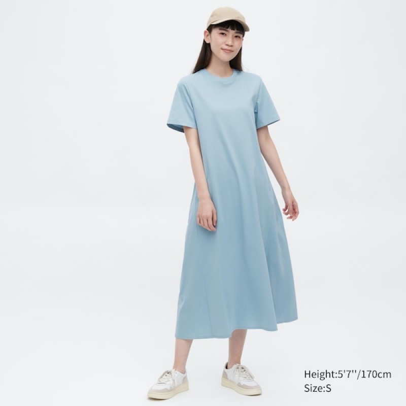 Uniqlo Mercerized Bomull Kort-Sleeve A-Line Kjole Dame Blå | 5176-FDLIJ