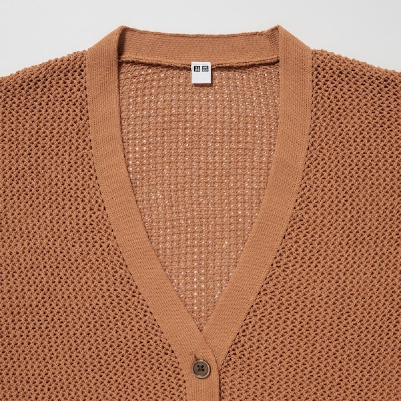 Uniqlo Mesh Long-Sleeve Kort Cardigan Dame Brune | 0618-EFXWL