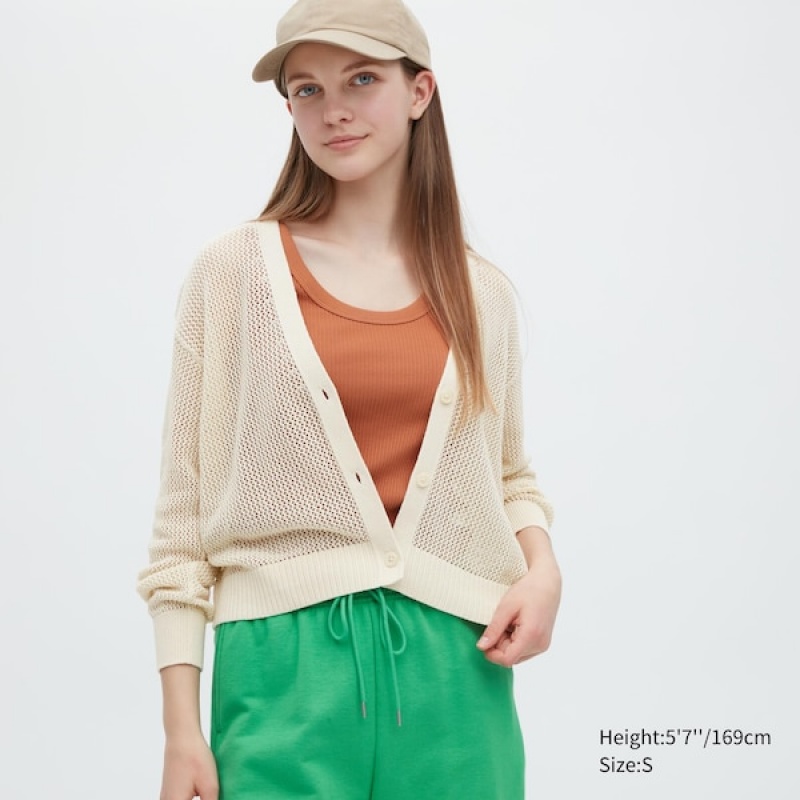 Uniqlo Mesh Long-Sleeve Kort Cardigan Dame Hvite | 0267-QKLVA