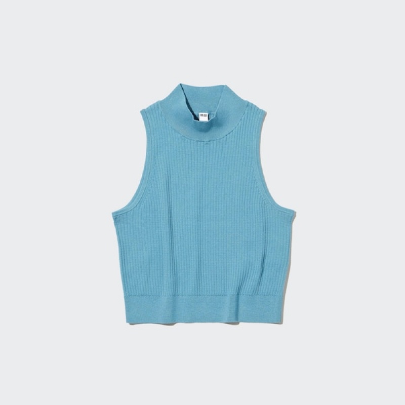 Uniqlo Mock Neck Ermeløse Cropped Gensere Dame Blå | 1492-FSXTC