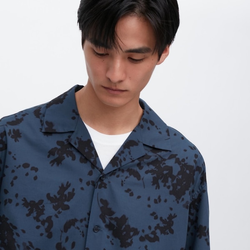 Uniqlo Open Collar Kort-Sleeve Skjorte Herre Marineblå | 2183-TCOXK