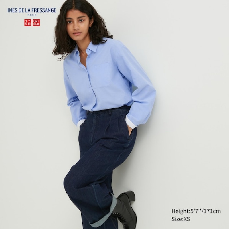 Uniqlo Oxford Long-Sleeve Skjorte Dame Lyse Blå | 8732-PUIBT