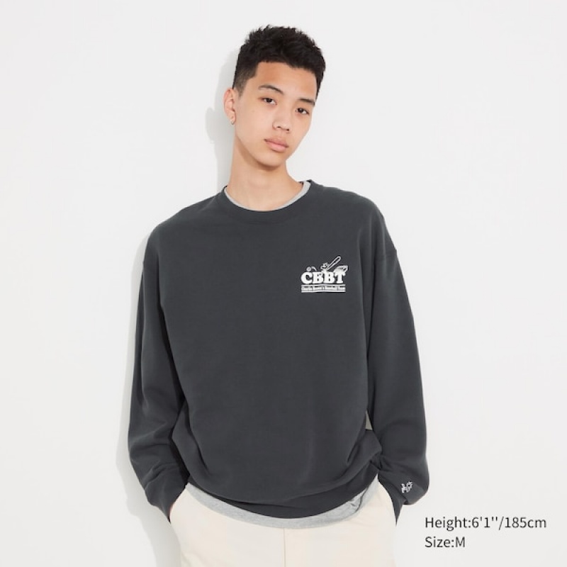 Uniqlo PEANUTS Charlie Brown's Baseball Team Long-Sleeve Gensere Herre Mørke Grå | 9561-WRDUZ