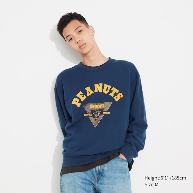 Uniqlo PEANUTS Charlie Brown's Baseball Team Long-Sleeve Gensere Herre Blå | 6829-IOPRG