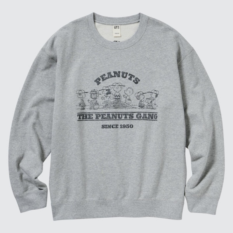 Uniqlo PEANUTS Charlie Brown's Baseball Team Long-Sleeve Gensere Herre Grå | 7489-KUSPN