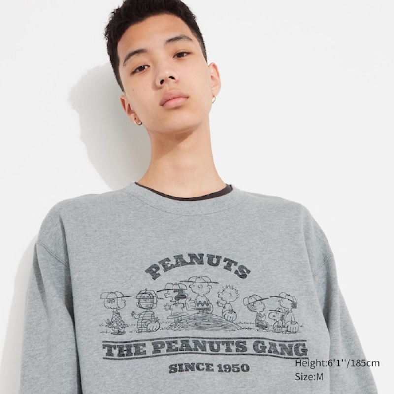 Uniqlo PEANUTS Charlie Brown\'s Baseball Team Long-Sleeve Gensere Herre Grå | 7489-KUSPN