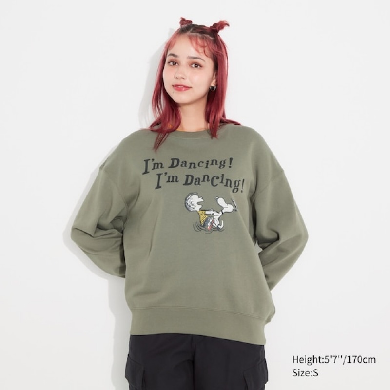 Uniqlo PEANUTS Dance Time with Snoopy Long-Sleeve Gensere Dame Olivengrønne | 9527-IZEVL