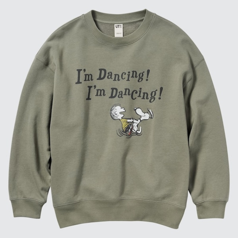 Uniqlo PEANUTS Dance Time with Snoopy Long-Sleeve Gensere Dame Olivengrønne | 9527-IZEVL