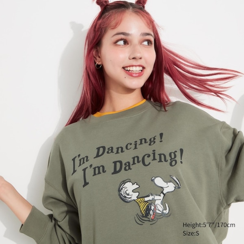 Uniqlo PEANUTS Dance Time with Snoopy Long-Sleeve Gensere Dame Olivengrønne | 9527-IZEVL