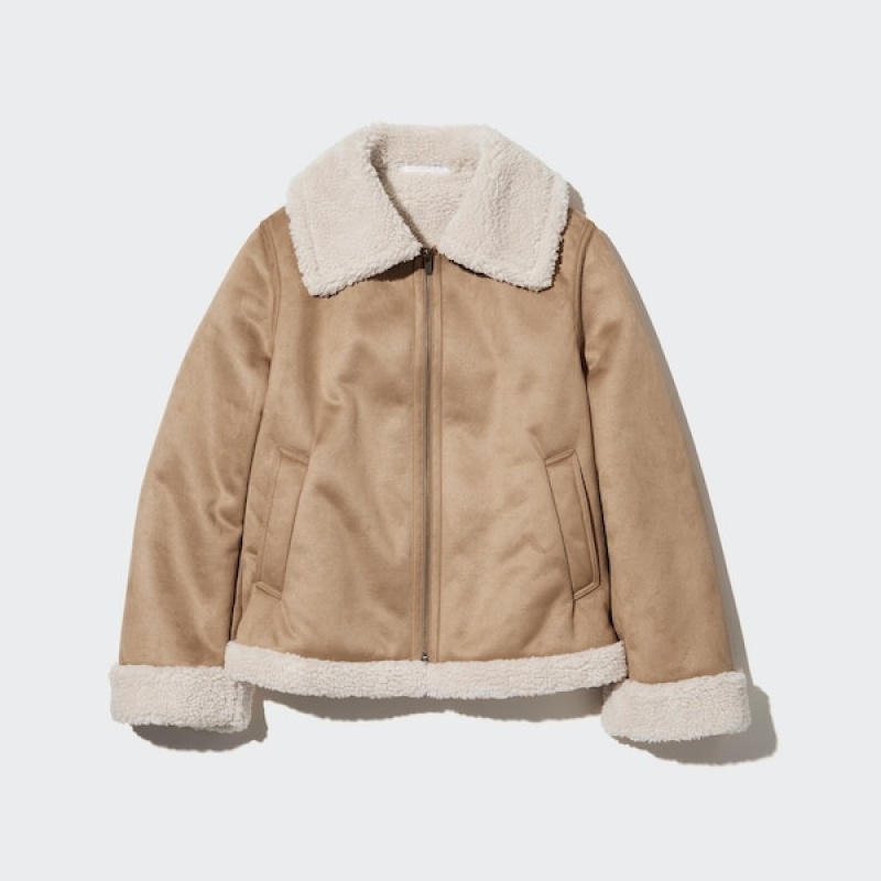 Uniqlo Pile-Forede jackets Dame Beige | 6297-YEPZJ