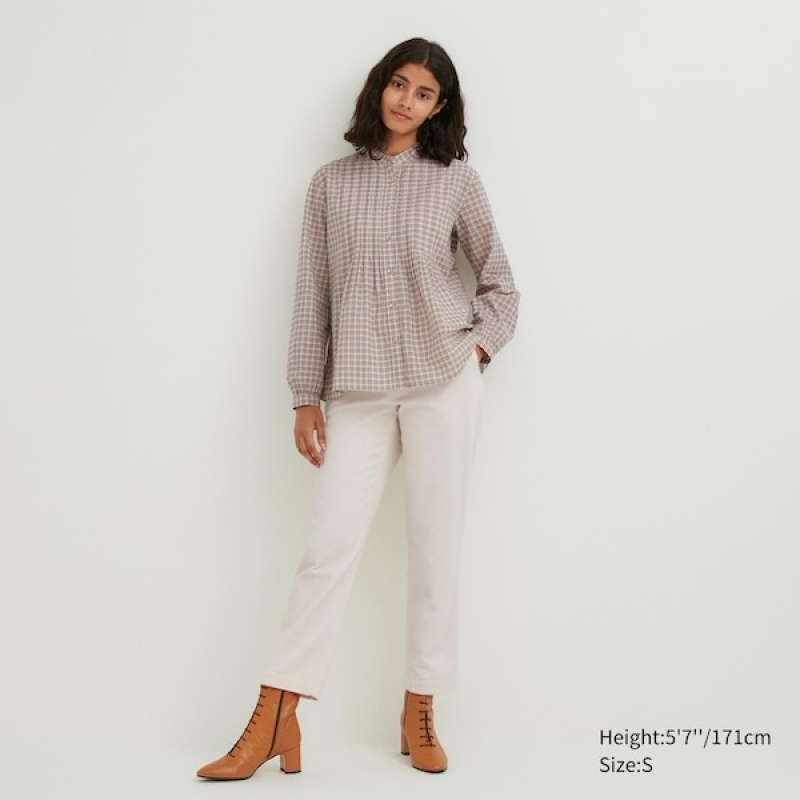 Uniqlo Pintuck Plaid Long-Sleeve Skjorte Dame Beige | 1275-WDPFE