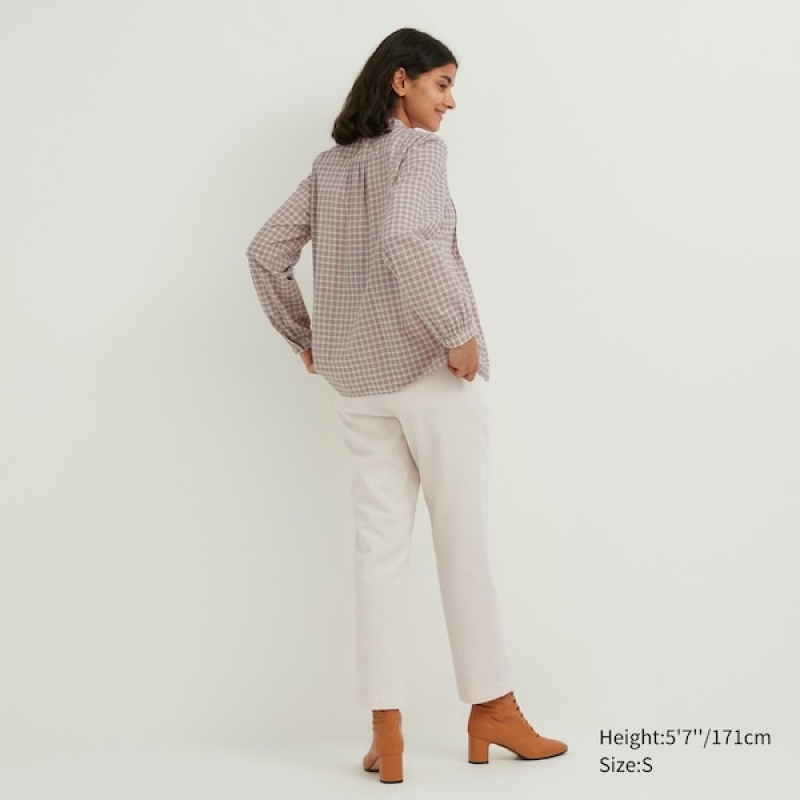 Uniqlo Pintuck Plaid Long-Sleeve Skjorte Dame Beige | 1275-WDPFE