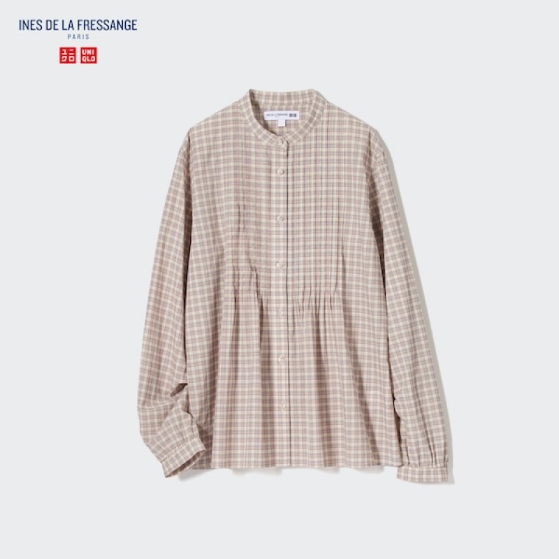 Uniqlo Pintuck Plaid Long-Sleeve Skjorte Dame Beige | 1275-WDPFE