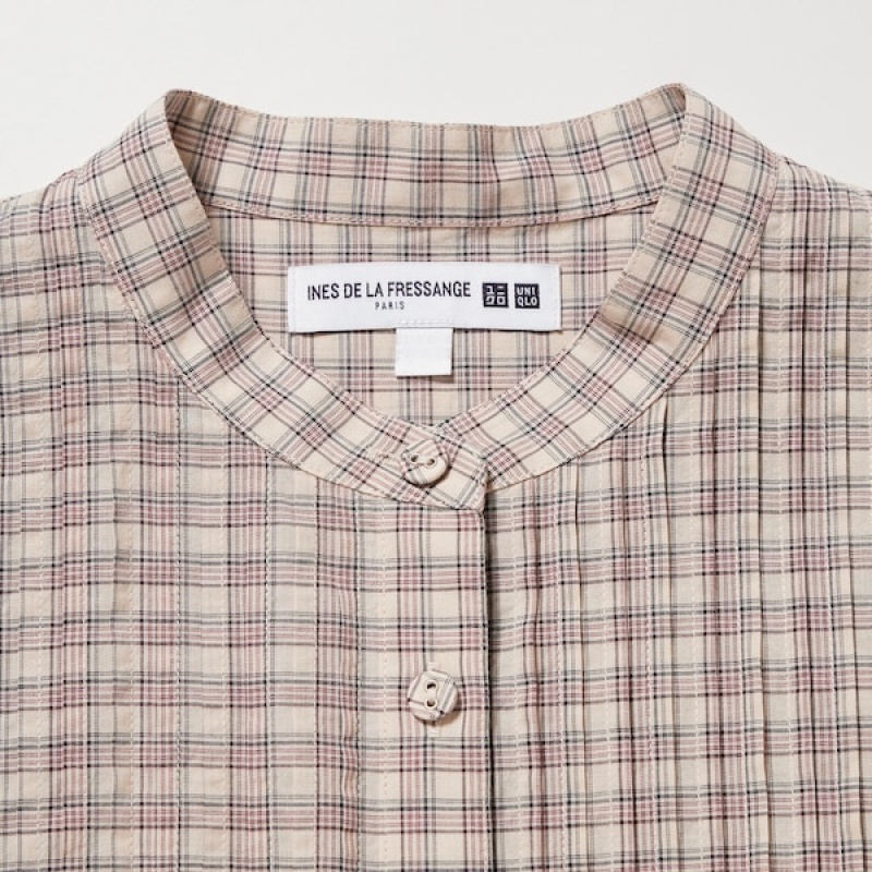 Uniqlo Pintuck Plaid Long-Sleeve Skjorte Dame Beige | 1275-WDPFE