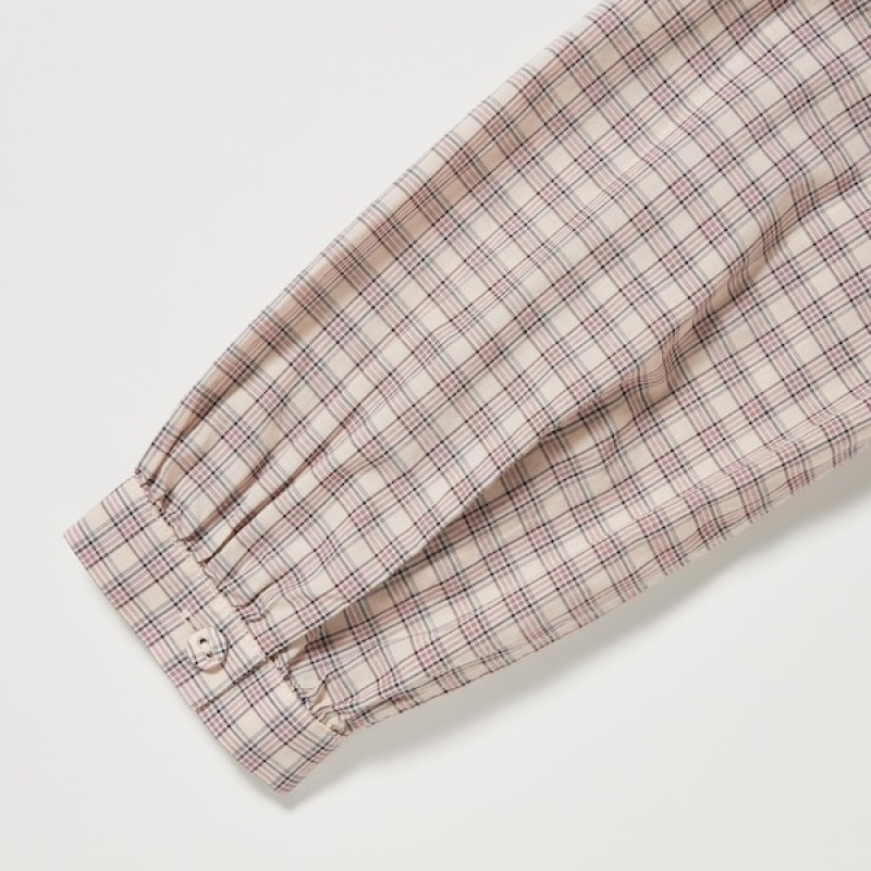 Uniqlo Pintuck Plaid Long-Sleeve Skjorte Dame Beige | 1275-WDPFE