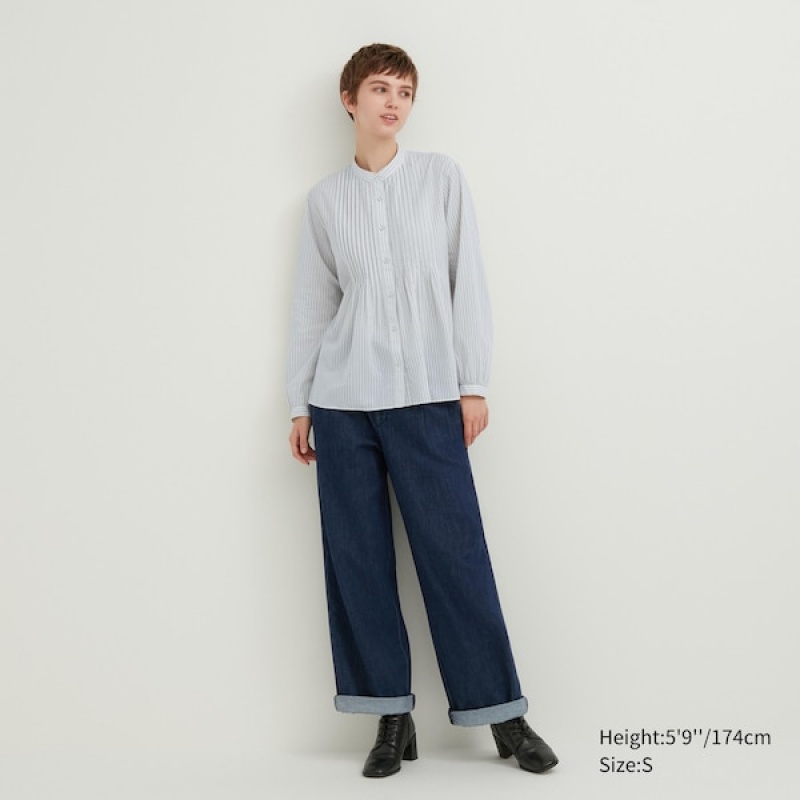 Uniqlo Pintuck Stripete Long-Sleeve Skjorte Dame Blå | 7123-DRLMZ