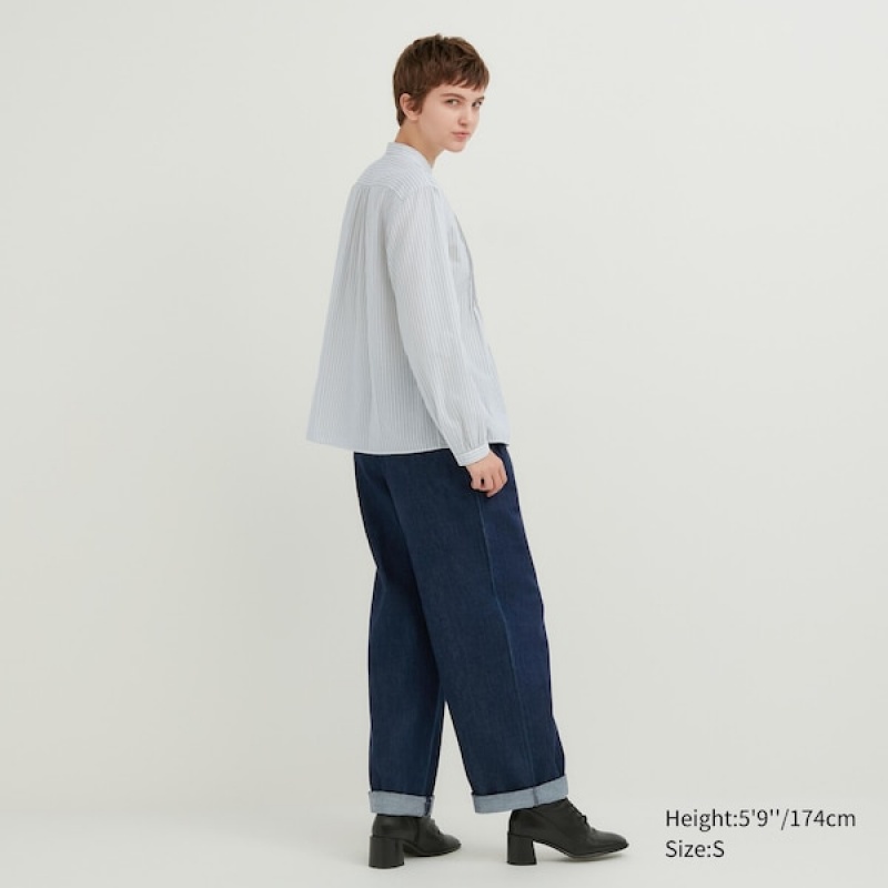 Uniqlo Pintuck Stripete Long-Sleeve Skjorte Dame Blå | 7123-DRLMZ