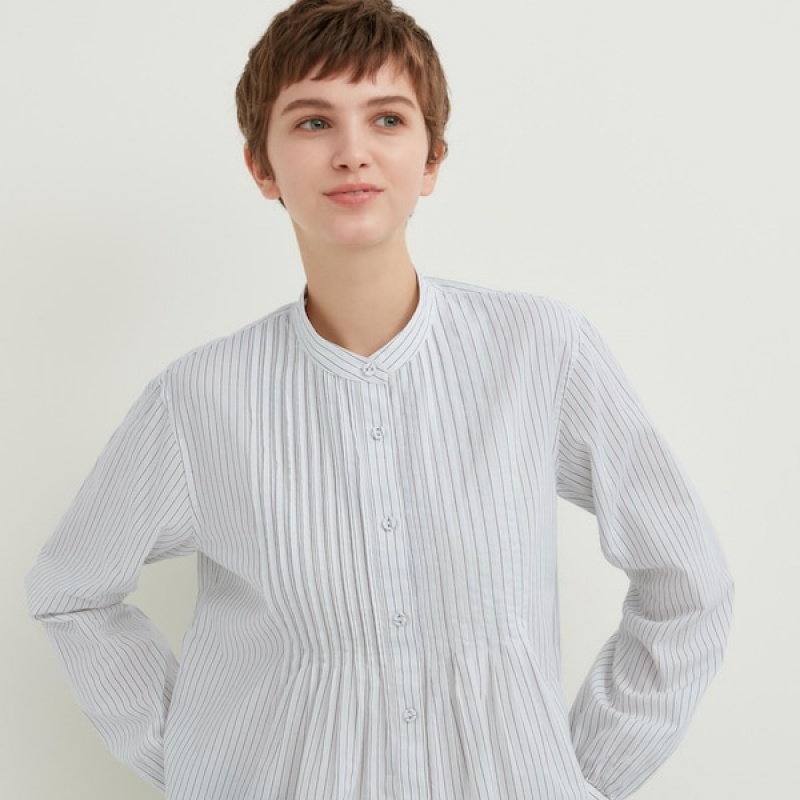 Uniqlo Pintuck Stripete Long-Sleeve Skjorte Dame Blå | 7123-DRLMZ