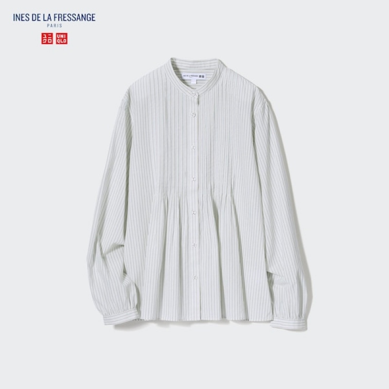 Uniqlo Pintuck Stripete Long-Sleeve Skjorte Dame Blå | 7123-DRLMZ