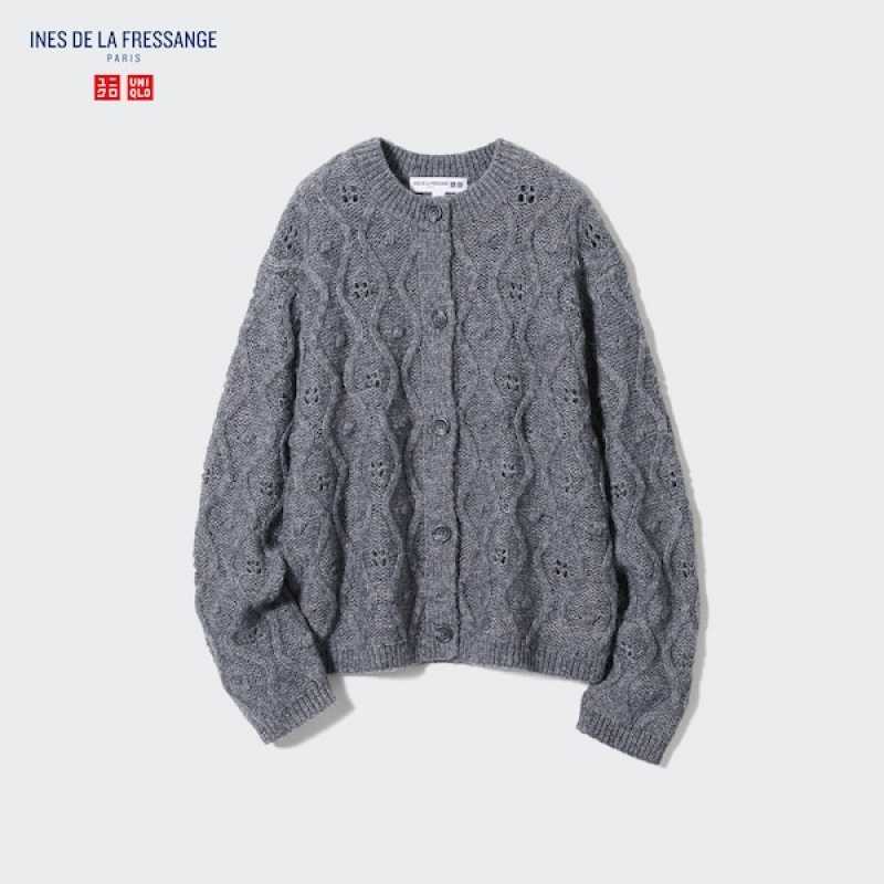 Uniqlo Pointelle Crew Neck Long-Sleeve Cardigan Dame Grå | 8724-JFRPW