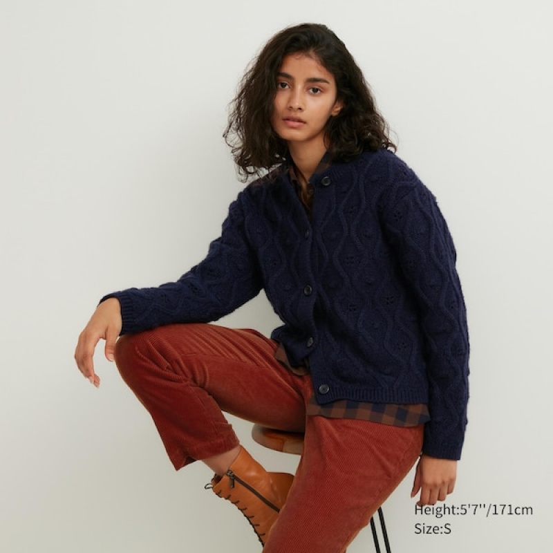 Uniqlo Pointelle Crew Neck Long-Sleeve Cardigan Dame Marineblå | 2683-UGEDJ