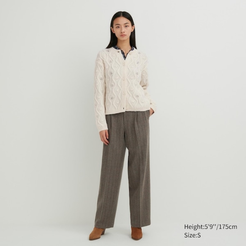 Uniqlo Pointelle Crew Neck Long-Sleeve Cardigan Dame Hvite | 3426-FSJNQ