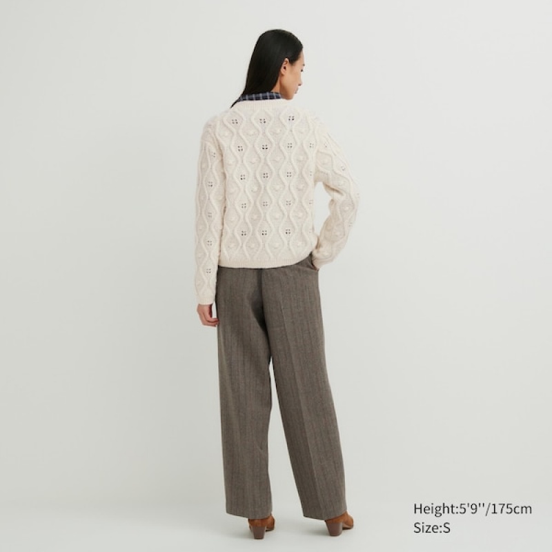 Uniqlo Pointelle Crew Neck Long-Sleeve Cardigan Dame Hvite | 3426-FSJNQ