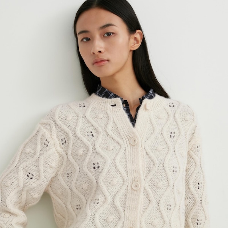 Uniqlo Pointelle Crew Neck Long-Sleeve Cardigan Dame Hvite | 3426-FSJNQ