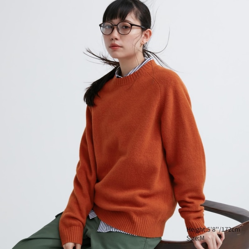 Uniqlo Premium Lambswool Crew Neck Long Sleeve Gensere Dame Oransje | 8457-VJCXD