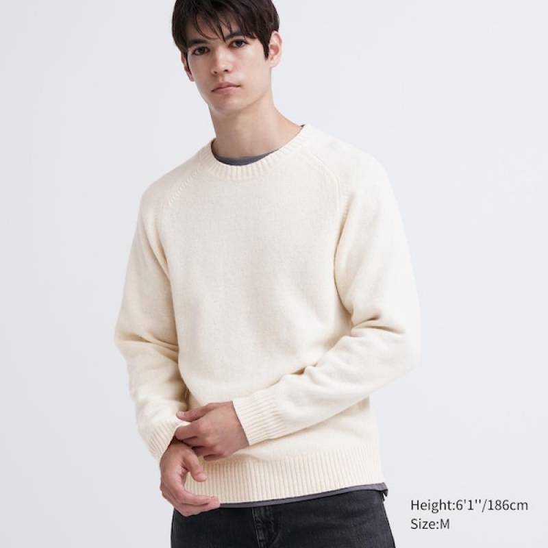 Uniqlo Premium Lambswool Crew Neck Long Sleeve Gensere Herre Hvite | 7048-SWEYT