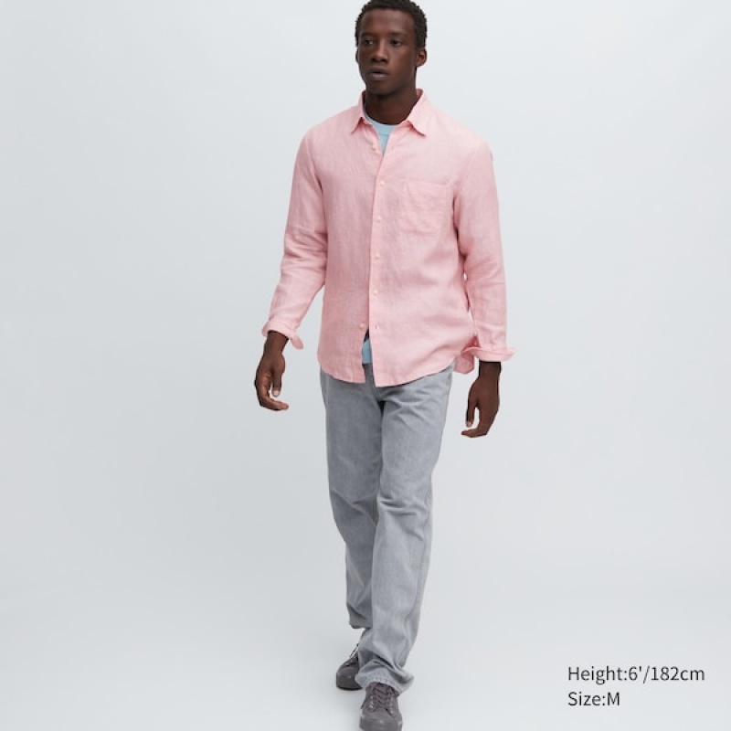 Uniqlo Premium Linen Long-Sleeve Skjorte Herre Rosa | 2193-XIESZ