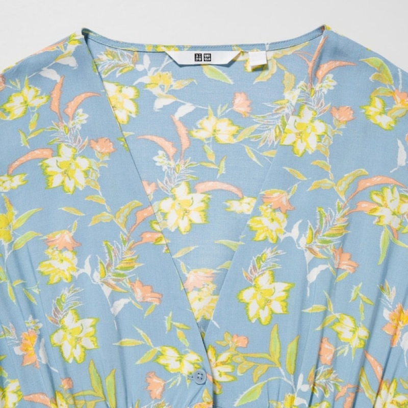 Uniqlo Printed V-Neck Kort-Sleeve Flare Kjole Dame Grønn | 5349-CIFQV