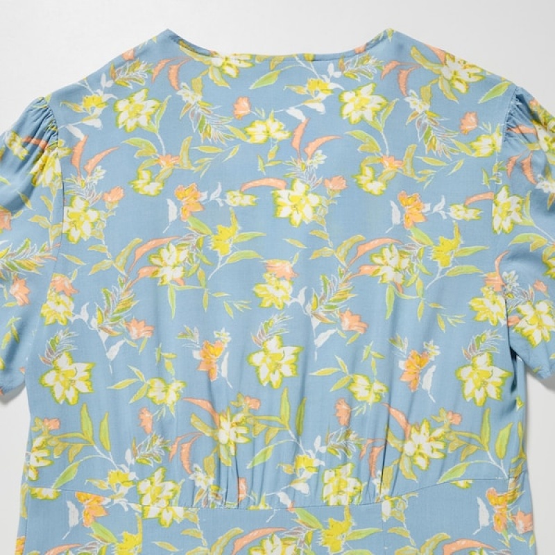 Uniqlo Printed V-Neck Kort-Sleeve Flare Kjole Dame Grønn | 5349-CIFQV