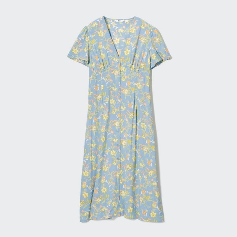 Uniqlo Printed V-Neck Kort-Sleeve Flare Kjole Dame Grønn | 5349-CIFQV