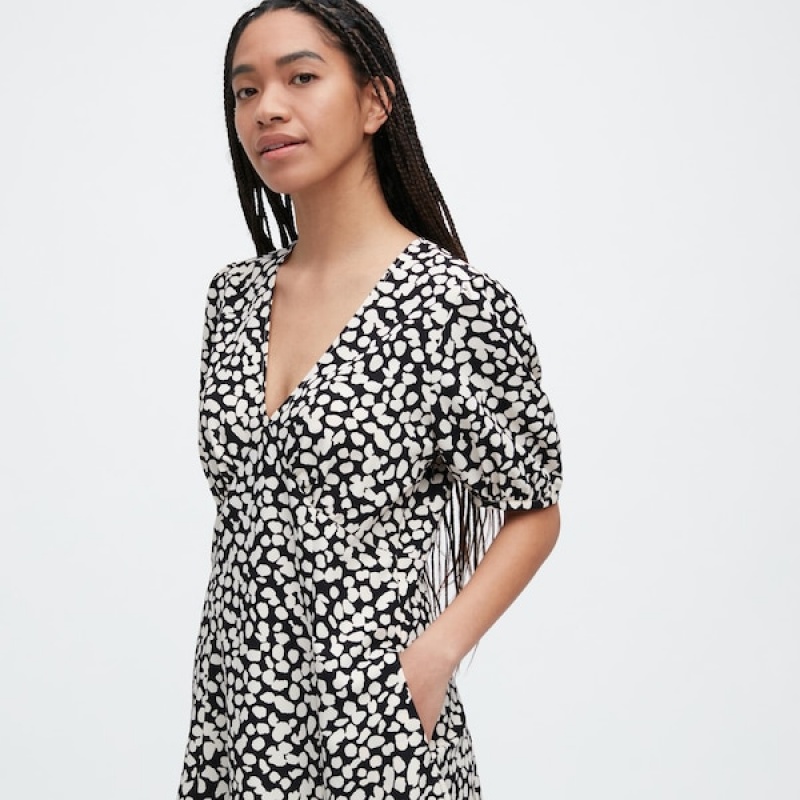 Uniqlo Printed V-Neck Kort-Sleeve Mini Kjole Dame Svarte | 5167-YFHCK