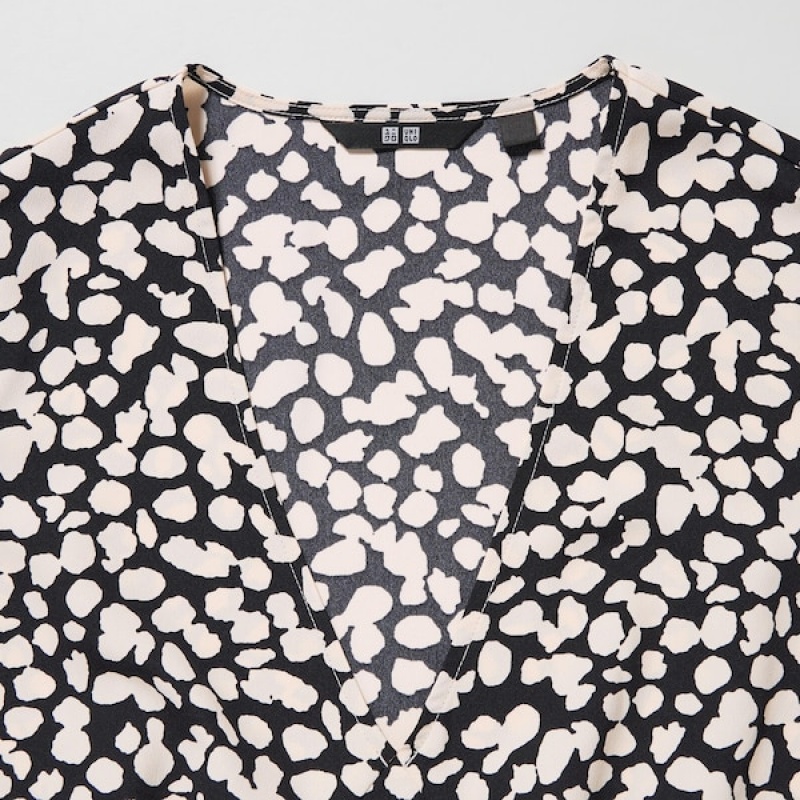 Uniqlo Printed V-Neck Kort-Sleeve Mini Kjole Dame Svarte | 5167-YFHCK