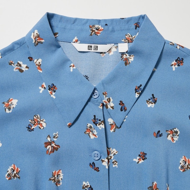 Uniqlo Printed V-Neck Long-Sleeve Mini Kjole Dame Blå | 6709-ELVDH