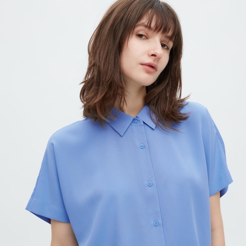 Uniqlo Rayon Kort-Sleeve Skjorte Dame Blå | 0179-XAQCV