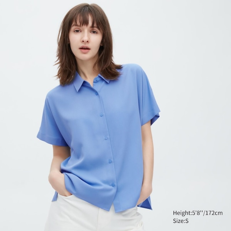 Uniqlo Rayon Kort-Sleeve Skjorte Dame Blå | 0179-XAQCV