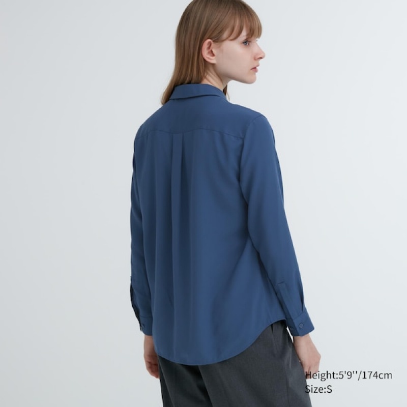 Uniqlo Rayon Long-Sleeve Skjorte Dame Blå | 8704-SICOH