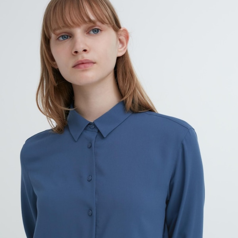 Uniqlo Rayon Long-Sleeve Skjorte Dame Blå | 8704-SICOH