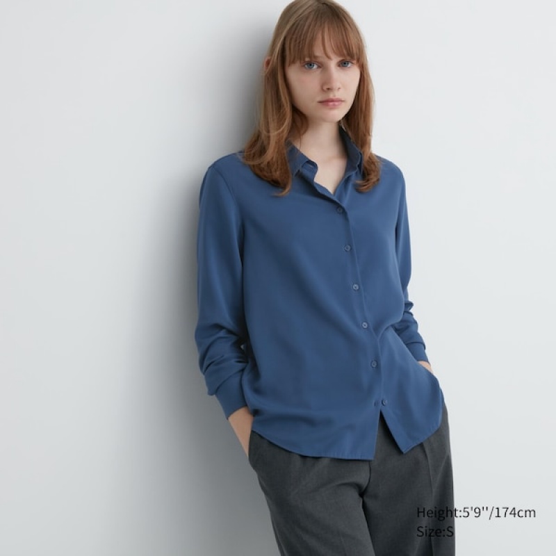 Uniqlo Rayon Long-Sleeve Skjorte Dame Blå | 8704-SICOH