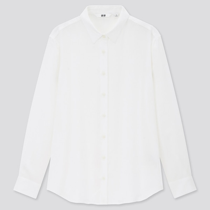 Uniqlo Rayon Long-Sleeve Skjorte Dame Hvite | 0486-BHXDP