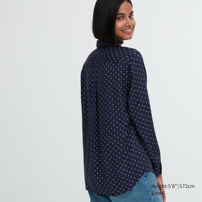 Uniqlo Rayon Printed Long-Sleeve Skjorte Dame Marineblå | 3685-RJFLC