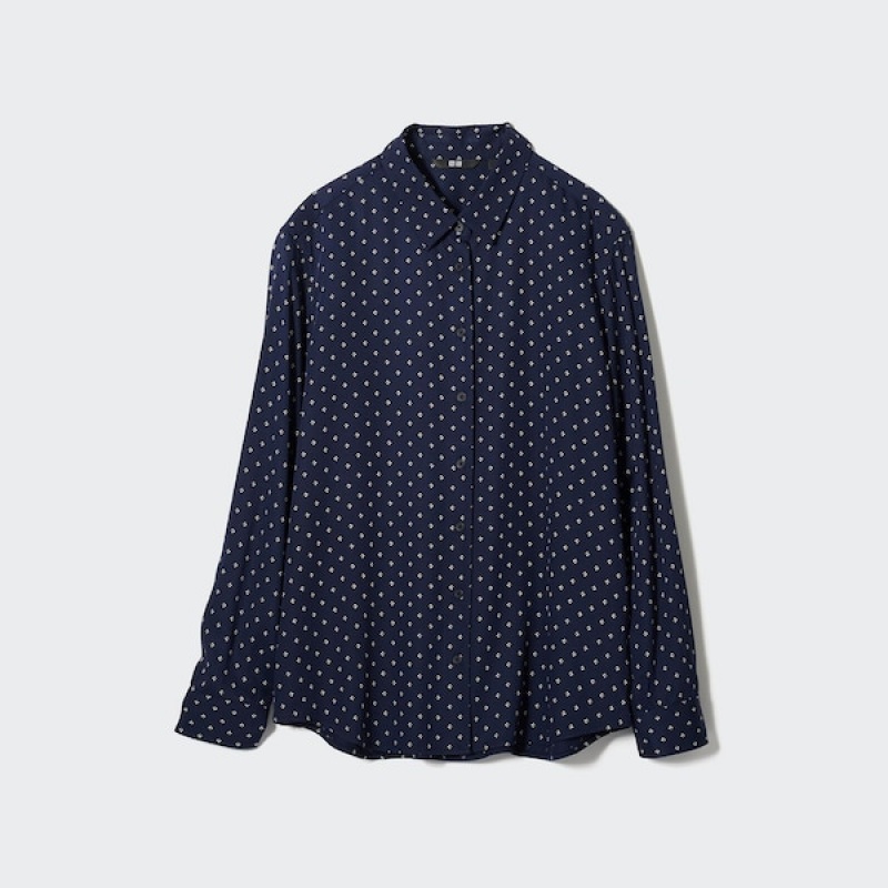 Uniqlo Rayon Printed Long-Sleeve Skjorte Dame Marineblå | 3685-RJFLC