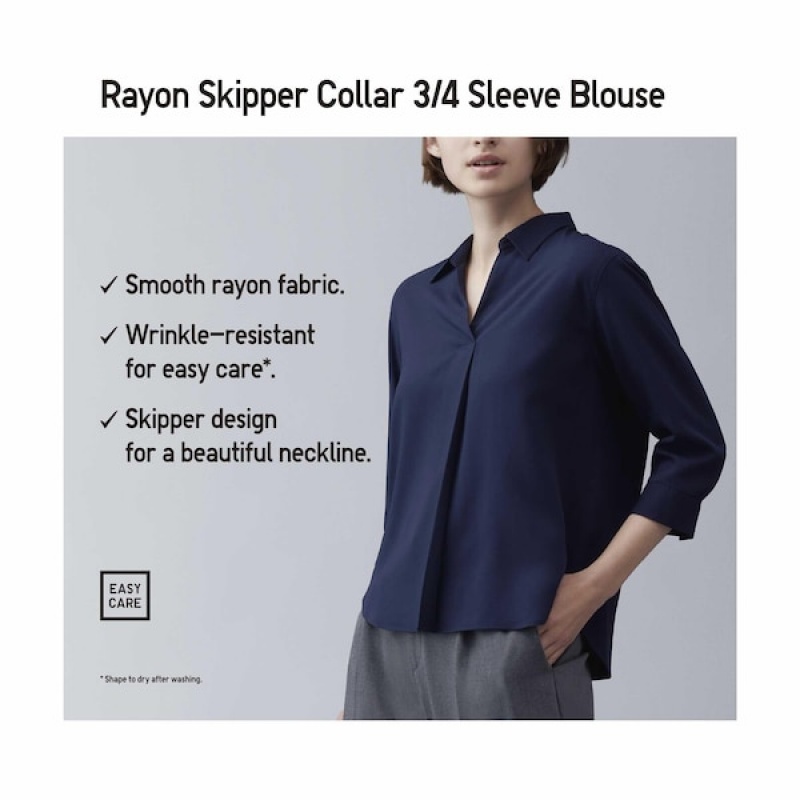 Uniqlo Rayon Skipper Collar 3/4-Sleeve Skjorte Dame Hvite | 9621-WGKQD