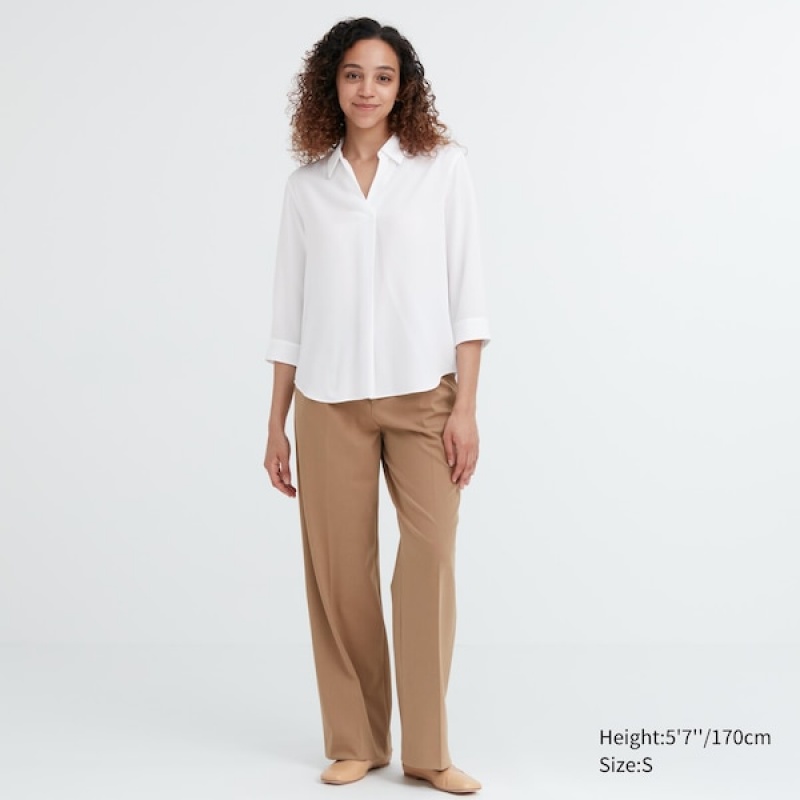 Uniqlo Rayon Skipper Collar 3/4-Sleeve Skjorte Dame Hvite | 7084-JOPKV