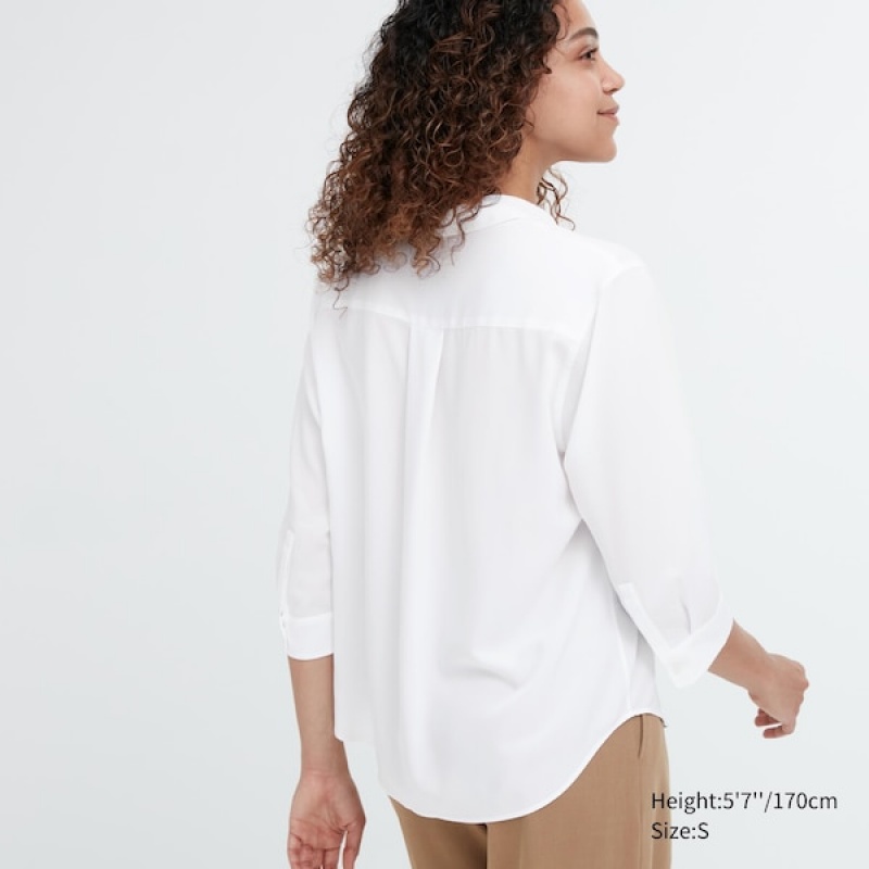 Uniqlo Rayon Skipper Collar 3/4-Sleeve Skjorte Dame Hvite | 7084-JOPKV